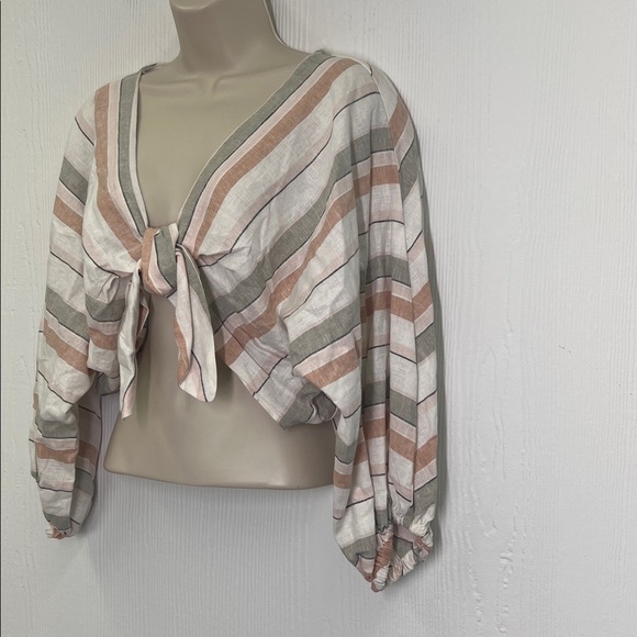 Zara - Striped Colorful Linen Blend Long Sleeve Crop Tie Blouse Size Medium - Picture 5 of 8